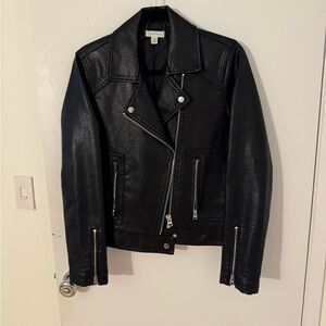 Topshop Black Leather Biker Jacket with Silver Details